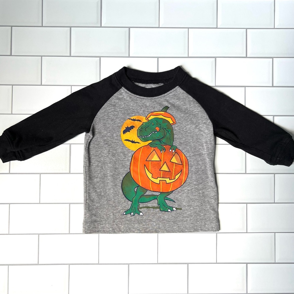 🎃🦖 3M Baby Boys Halloween Pumpkin Dinosaur Gray Long Sleeve Tee Shirt